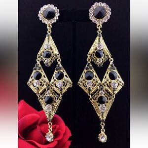 Vintage Look Large Gold Geometric Dangle Pierced Clear/Black Crystal Earrings 4”